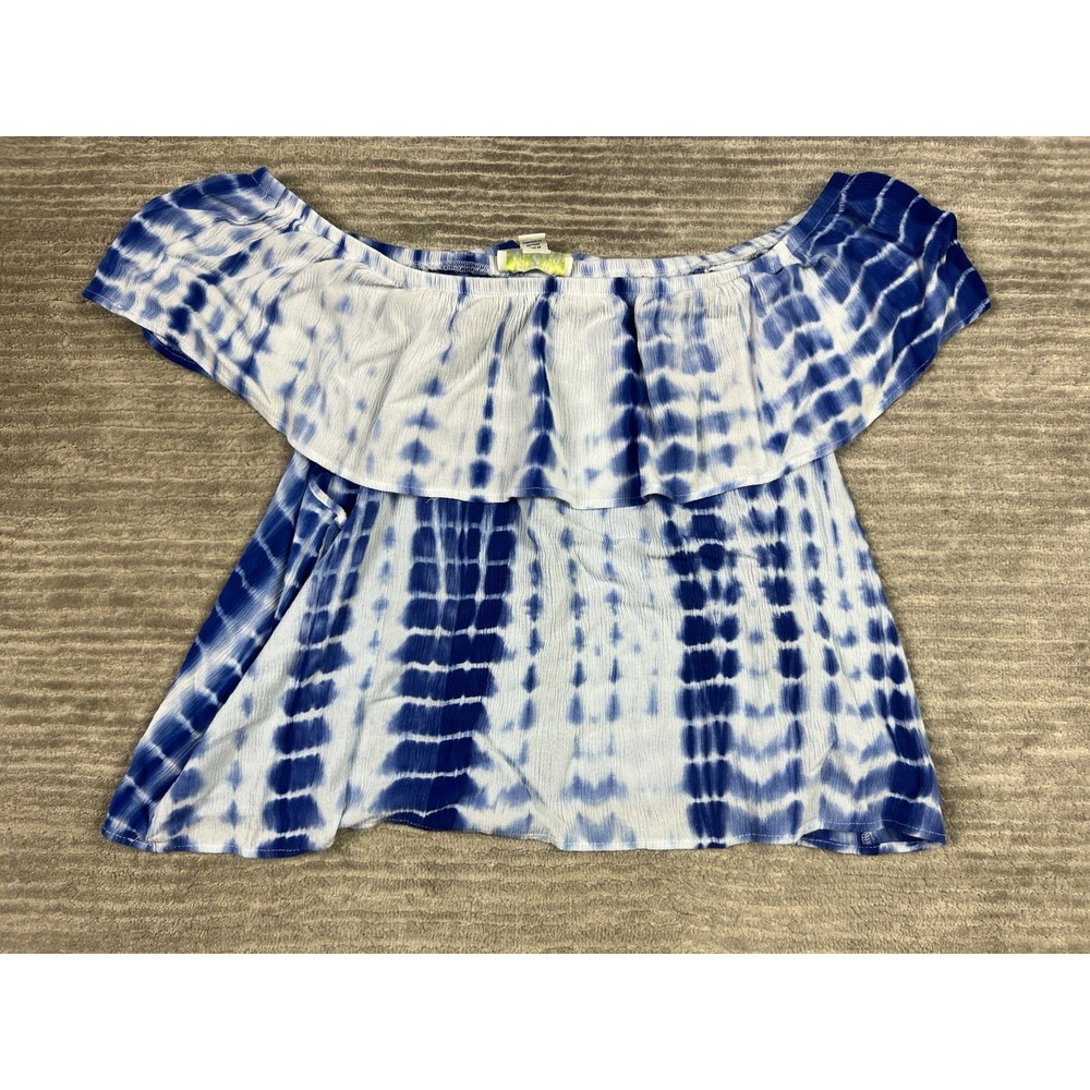 Forever 21 Top Womens 2X Blue Off Shoulder Blouse Short Sleeve Rayon